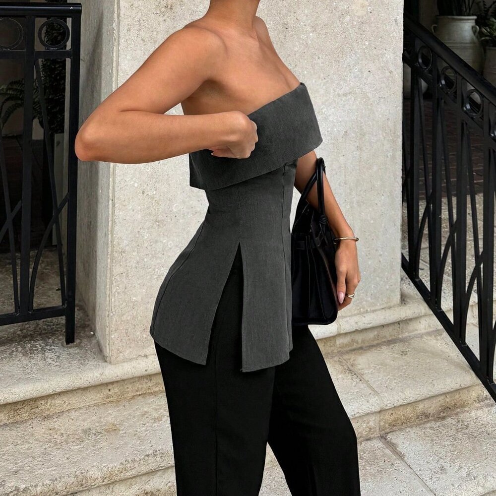 Grey Casual Women's Sleeveless Bandeau Side Slit Hem Blouse